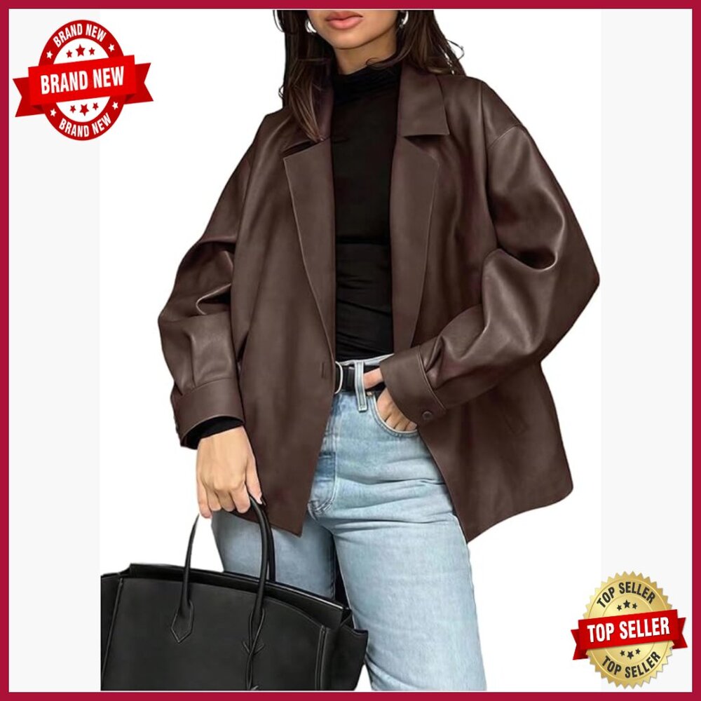 Faux Leather Blazer Open Front Oversized Business Work Jacket Lapel Collar